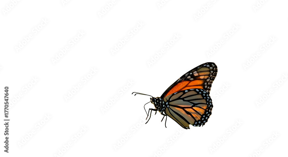 Obraz premium Monarch butterfly close-up on a white background — detailed butterfly imagery for nature and wildlife stock