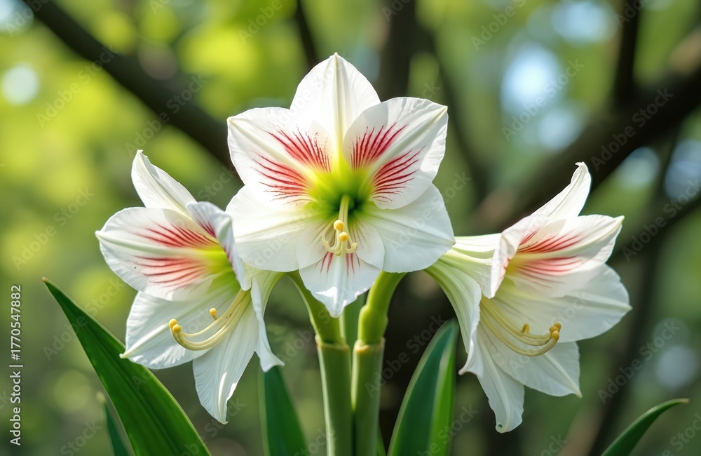 Naklejka premium Close-up view of three white amaryllis flowers with delicate red stripes in full bloom. Lush green leaves and blurred background create naturalistic ambiance. These large trumpet-shaped blossoms.