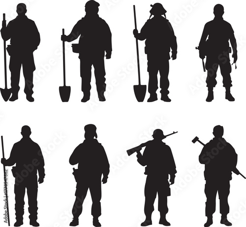 Silhouettes of workers with tools and weapons on a white background male person