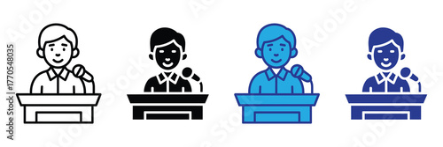 Collection of four icons representing a person speaking at a podium with a microphone, in different styles outline, silhouette, blue filled, and dark blue filled, isolated on white background