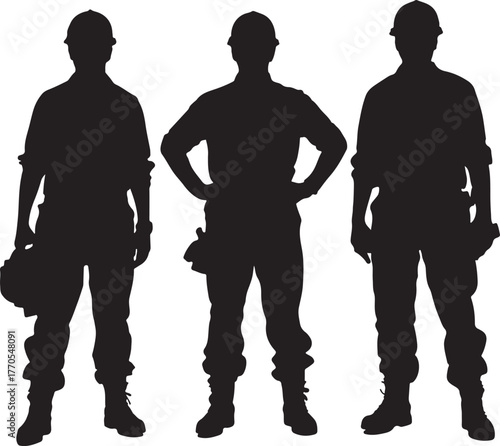 Three male construction workers in silhouette standing with hands on hips and tool belts on a white background