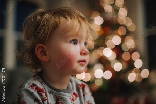photo of a toddler in pajamas looking at the lights on their christmas tree, close-up shot, natural light from window, side view.