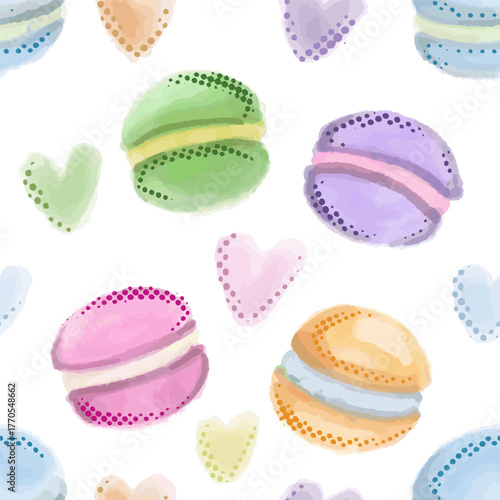 Colorful pattern with macarons. Vector, hand draw with texture. Doodle. Nice pastel colors, watercolors, harts and dots.