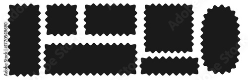 Vector set of rectangle frames tags and labels with wavy, squiggly, curvy borders. Coupon shapes , stamps, crackers with scallop irregular edges isolated on white. Flat design illustration	