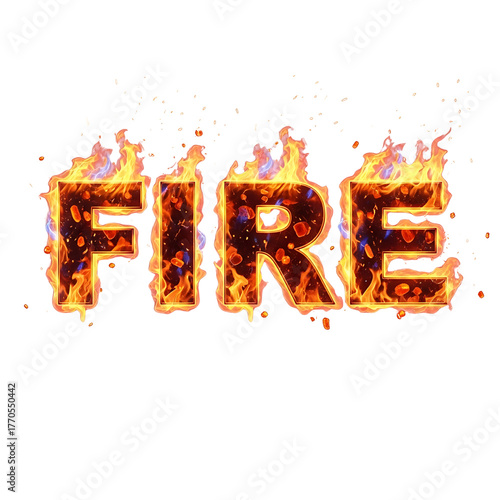 The word fire written in burning flames and embers with sparks flying against a dark background isolated on transparent background