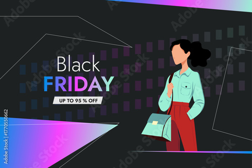 Black Friday discount banner with offer text with a girl in bright clothes