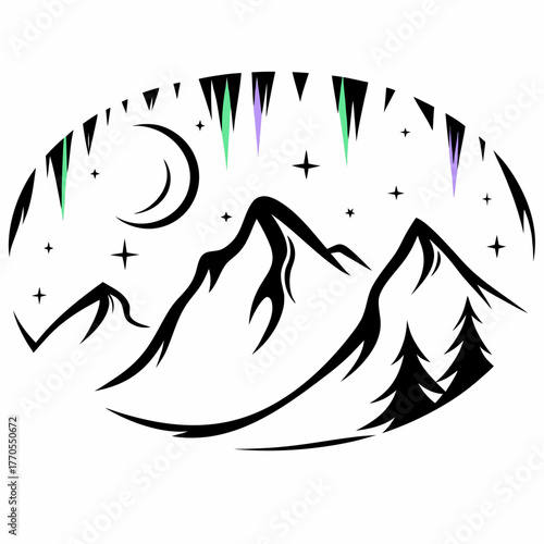 A black and white mountain landscape with moon and aurora borealis design