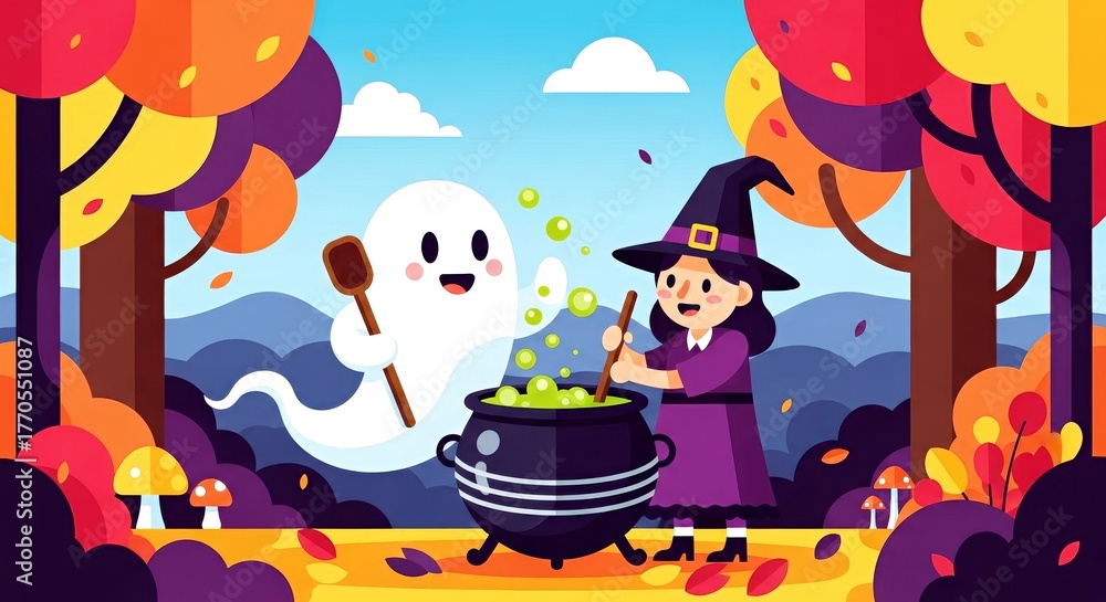 Obraz premium Witch stirring a cauldron with a friendly ghost in autumn forest 