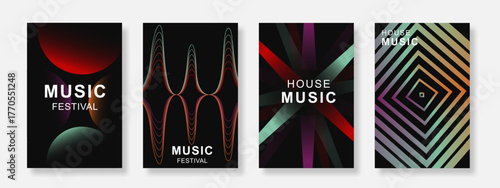 Minimalist music poster background set. Modern sound cover template with gradient geometric shape design. Suitable for party, music festival, club, social media banner. Vector