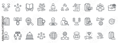 Business Ethics Icon Set. Contains Icons That Are Relevant For Business. Designed In Vector Outline Style