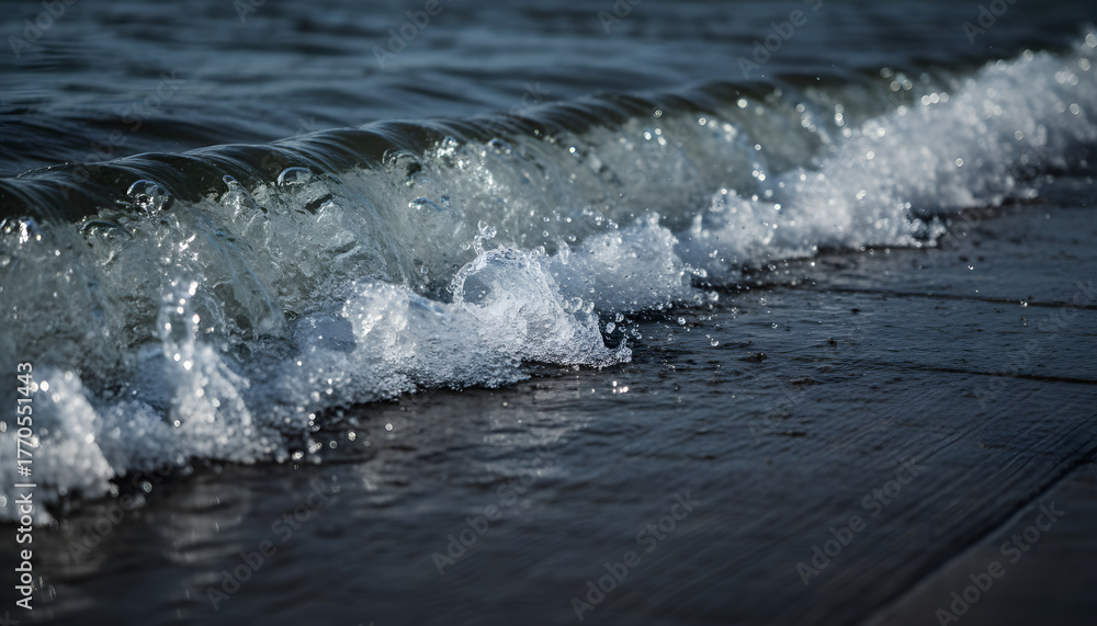 Fototapeta premium Close up of a small ocean wave crashing on a dark wet surface
