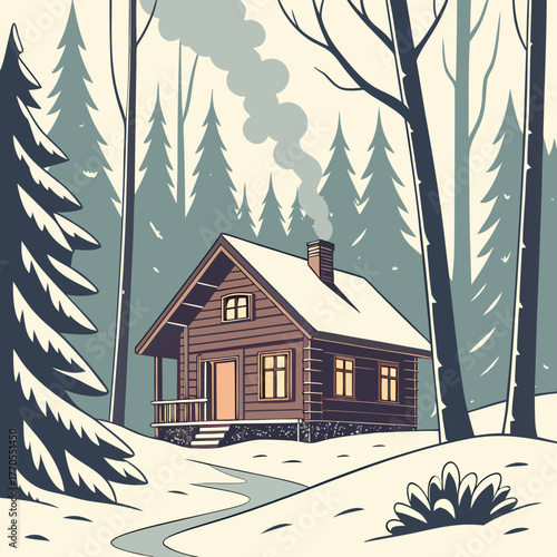 Winter cabin in snowy forest with trees and smoke coming from chimney