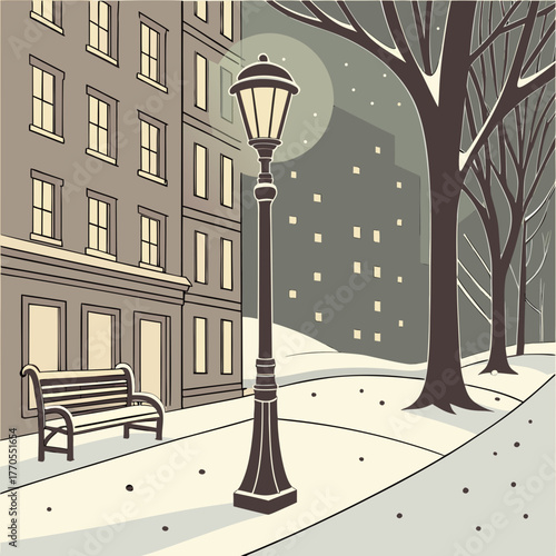 Winter scene with a vintage lamppost, bench, and buildings at night