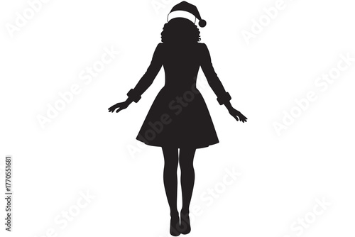 Elegant Silhouette of a Woman in a Santa Hat and Christmas Dress