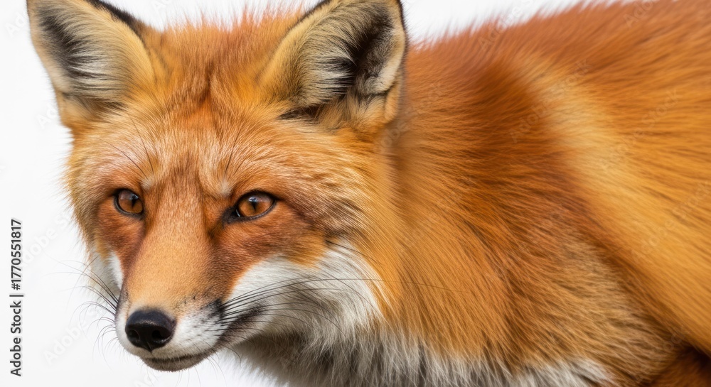 Fototapeta premium Red fox headshot, detailed fur and focused gaze against a blurred background
