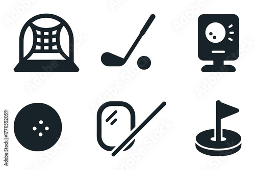 Sports icon set: golf, bowling, hockey, mini golf elements on dark background