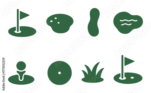 Abstract golf icons set on green background with minimalist design elements