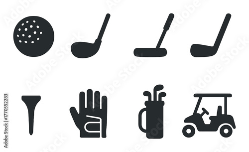 Golf equipment icons: clubs, tee, glove, bag, cart and ball silhouettes