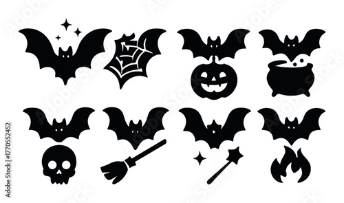 Halloween icons: bats, skull, pumpkin, witch hat, cauldron, spider web, stars, fire