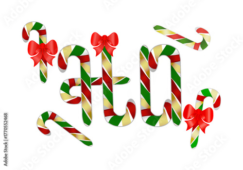 Holiday lollipop, sugar cane, Christmas candy with a bow, bright design pattern.