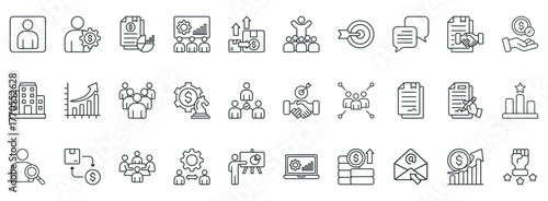 Sales Team Icon Set. Contains Icons That Are Relevant For Business. Designed In Vector Outline Style