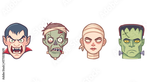 Funny cartoon zombie character vector illustration set with funny face masks, glasses, and comic drawing of old people heads