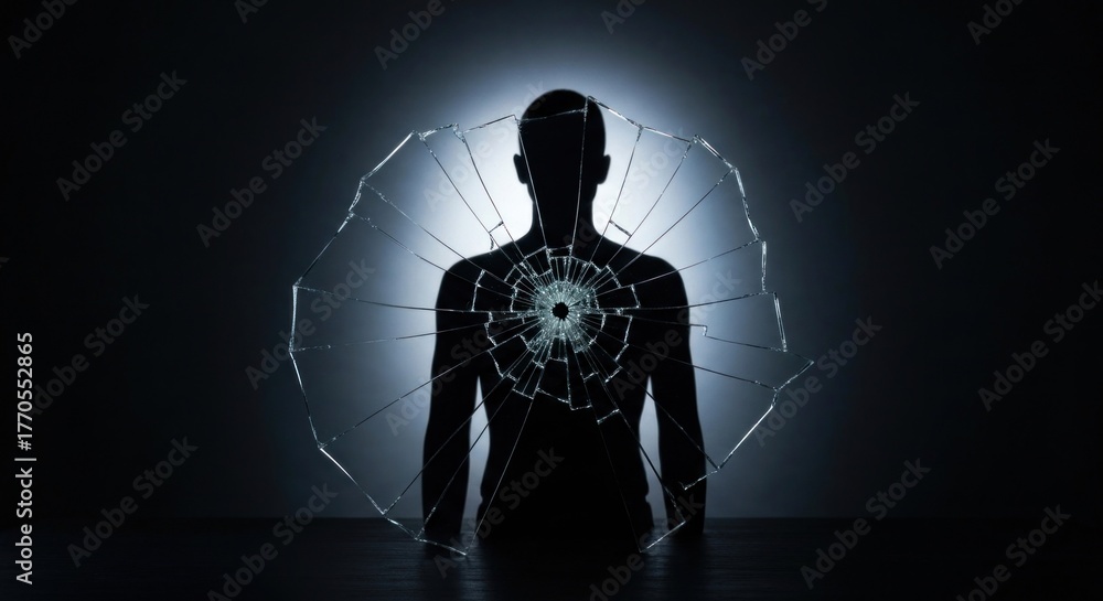 Obraz premium Silhouetted figure with shattered glass radiating from chest, moody, dark, and mysterious