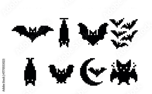 Pixel art bat silhouettes: unique gothic graphic collection for halloween
