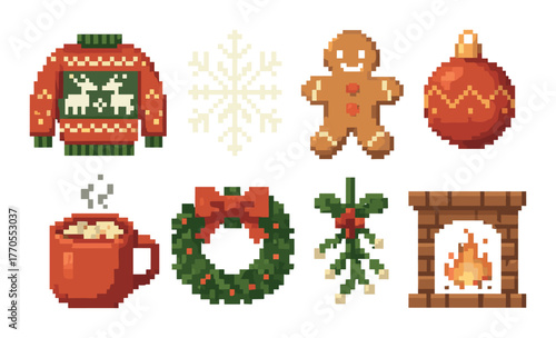 Pixel art christmas icons with sweater, snowflake, gingerbread, and festive elements