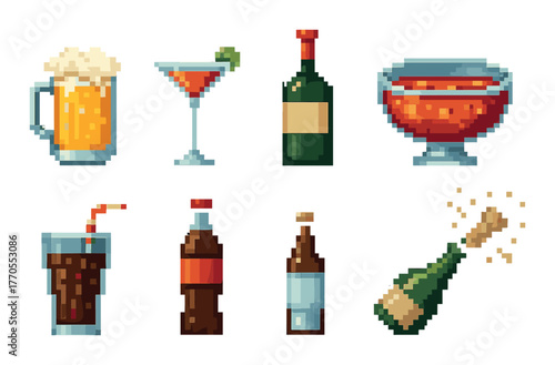 Pixel art beverages collection: beer, cocktails, soda, wine, champagne
