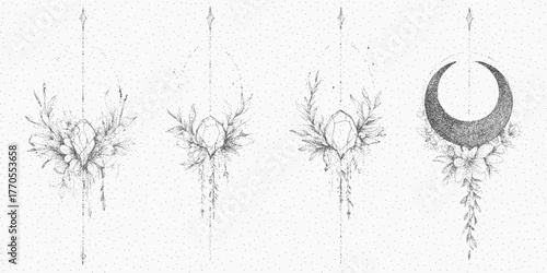 Boho background with crystals and lines. Noisy silhouette with faded stipple texture rough grain and soft threshold shading. Dusty patches and scratched ink marks remain.