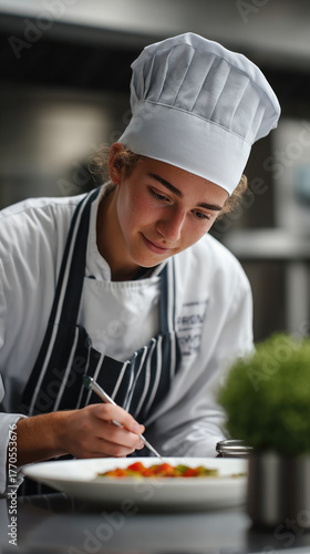 Young chef in white uniform and striped apron carefully plating colorful dish in professional kitchen, focused and creative atmosphere