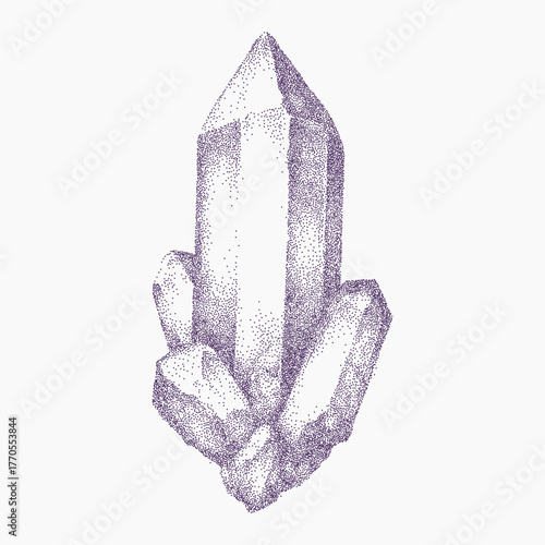 Purple crystal with jagged edges and shiny faces, ink grain and stippled reflection, vintage texture with paper dust and rough background noise.