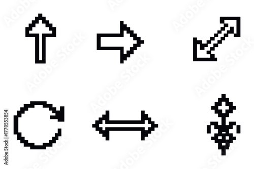 Pixelated arrow icons: directional, rotational, movement, expansion, enlarged, reposition