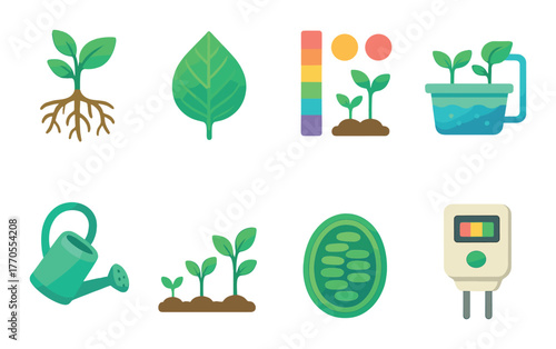 Sustainable gardening icons: growth, watering, hydroponics, and photosynthesis