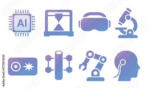 Futuristic technology icons: ai, virtual reality, robotics, 3d printing, science