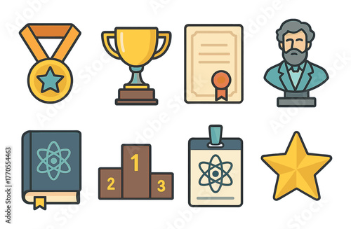 Achievement icons: medals, trophy, certificates, awards, and science symbols