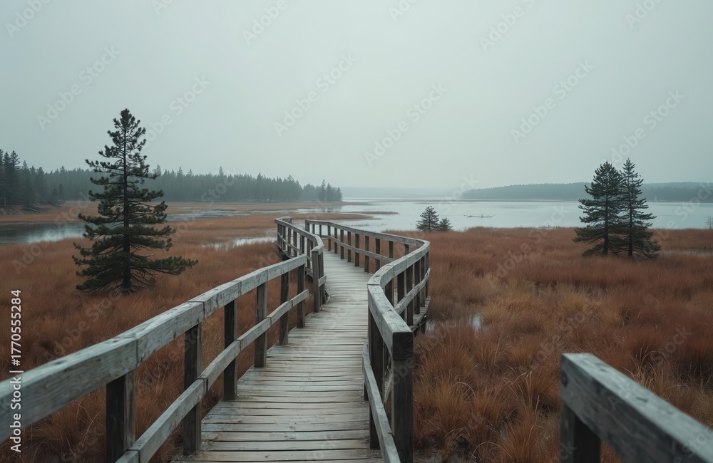 Naklejka premium Wooden boardwalk path through marshland with grass. Scenic path curves through wet lands with tranquil water, conifer trees under grey sky. Tourist destination to explore eco system.