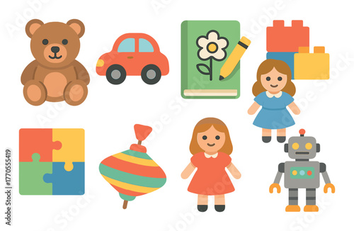 Colorful collection of children's toys and books with girls