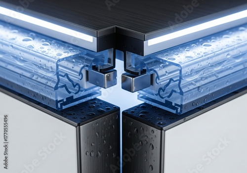 Extreme close-up on the interlocking, self-sealing edges of a futuristic refrigerator door