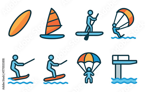 Water sports icons set: surfing, windsurfing, paddleboarding, parasailing, wakeboarding, diving platform