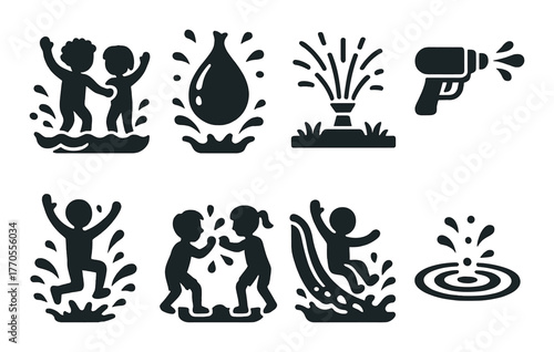 Icons of children playing with water: water balloons, sprinklers, slides, splashing