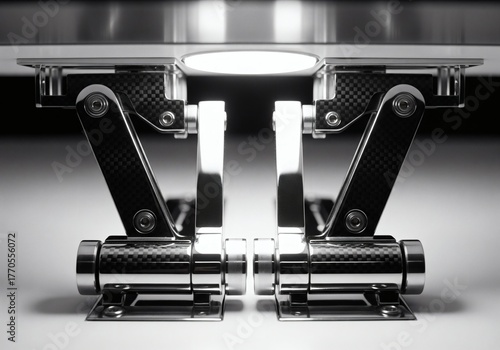 Extreme close-up on a minimalist desk's self-adjusting hinge mechanism