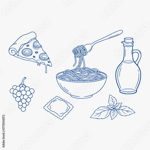 The flat design for the Italian food set. Perfect for print: design menus, stickers, and icons. Focus on fresh, healthy ingredients.