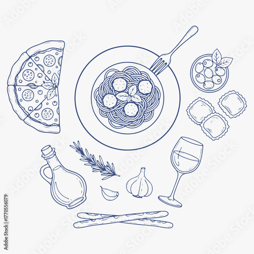 The flat design for the Italian food set. Perfect for print: design menus, stickers, and icons. Focus on fresh, healthy ingredients.