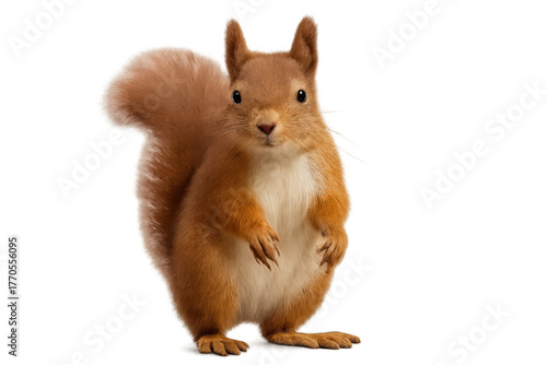 Red squirrel standing upright, holding front paws, looking directly at the camera. Transparent background
