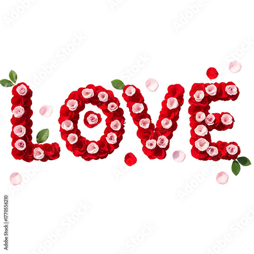 The word love spelled out with vibrant red roses and delicate white rose petals scattered around isolated on transparent background