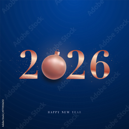 Elegant design features bold numbers and shimmering ornament against deep blue background. New Year banner.
