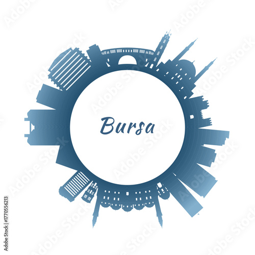 Bursa skyline with colorful buildings. Circular style. Stock vector illustration