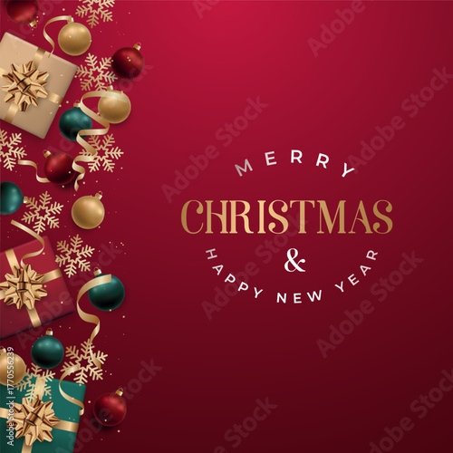Merry Christmas and Happy New Year text with festive decorations and gifts. Design template for website, social media, flyer, banner etc.